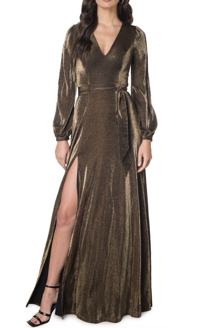 Dress the Population Metallic Gold Long Sleeve Shimmer Dress Sz M
